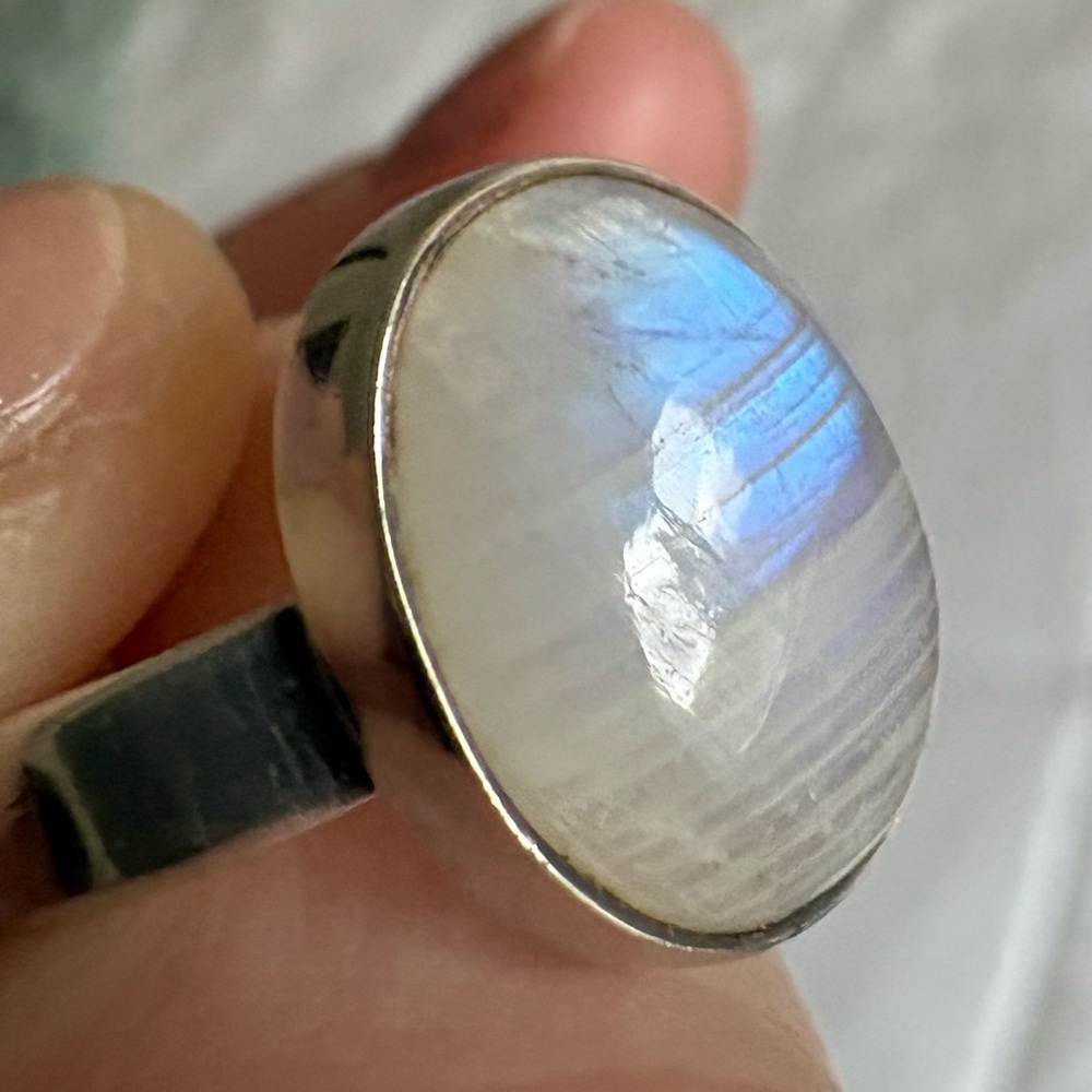 Rainbow Moonstone and sterling silver Ring- size 7
